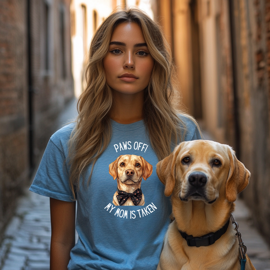 Dog Mom Yellow Labrador Bow Tie T-shirt, Paws Off My Mom is Taken