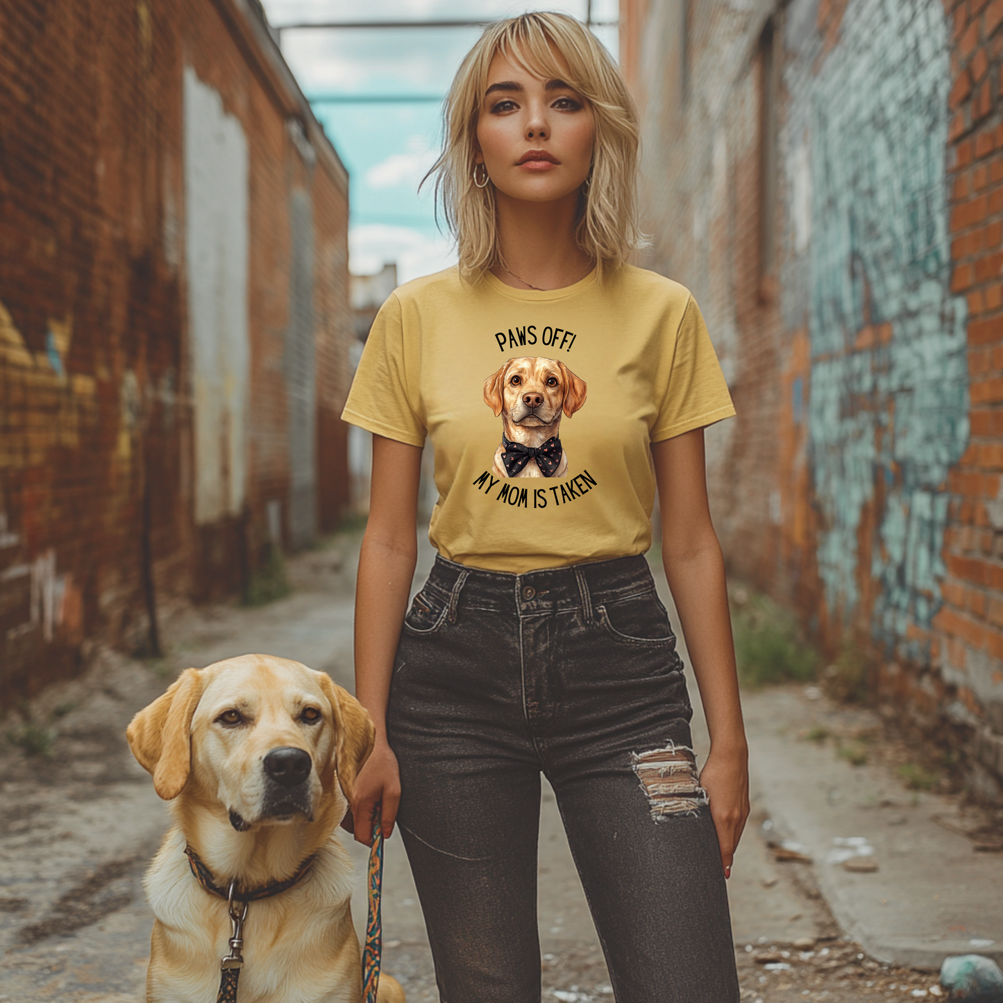 Dog Mom Yellow Labrador Bow Tie T-shirt, Paws Off My Mom is Taken